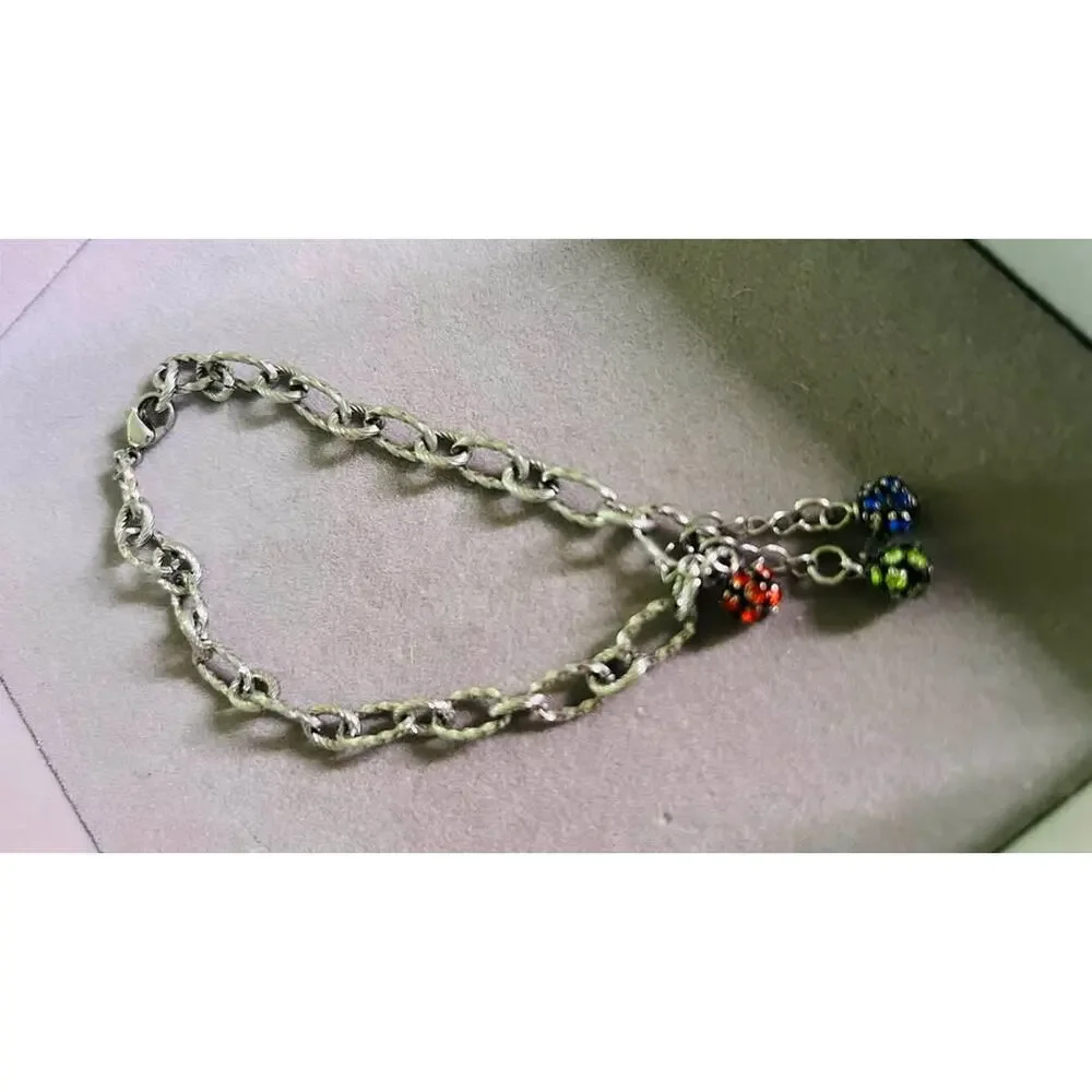 Vintage Silver-Tone Chain Bracelet with Colorful Disco Ball Charms